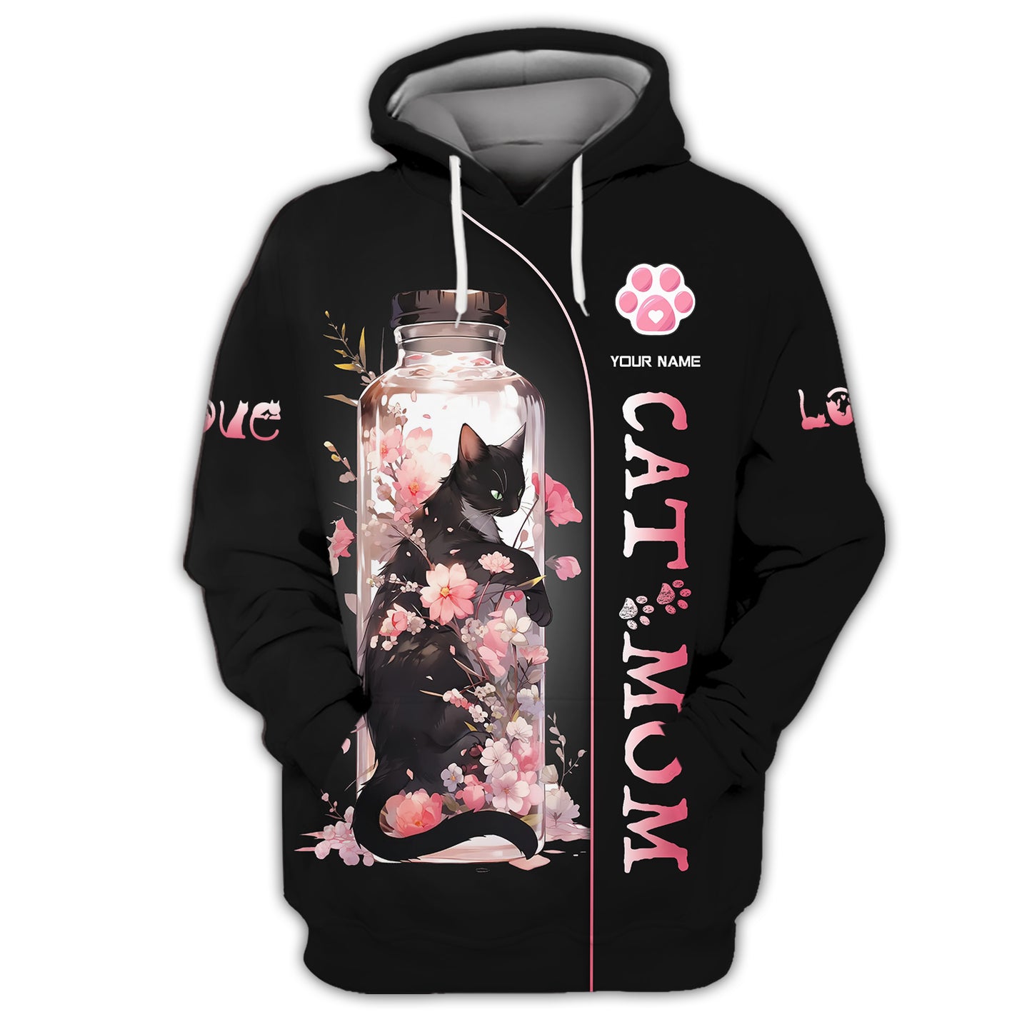 Chat noir dans un pot de fleurs de cerisier Nom personnalisé Chat Maman T-shirt 3D Cadeau pour les amoureux des chats