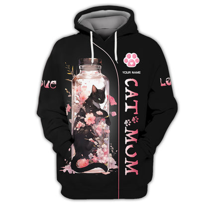 Camiseta 3D personalizada con nombre de gato negro en un frasco de flores de cerezo para amantes de los gatos