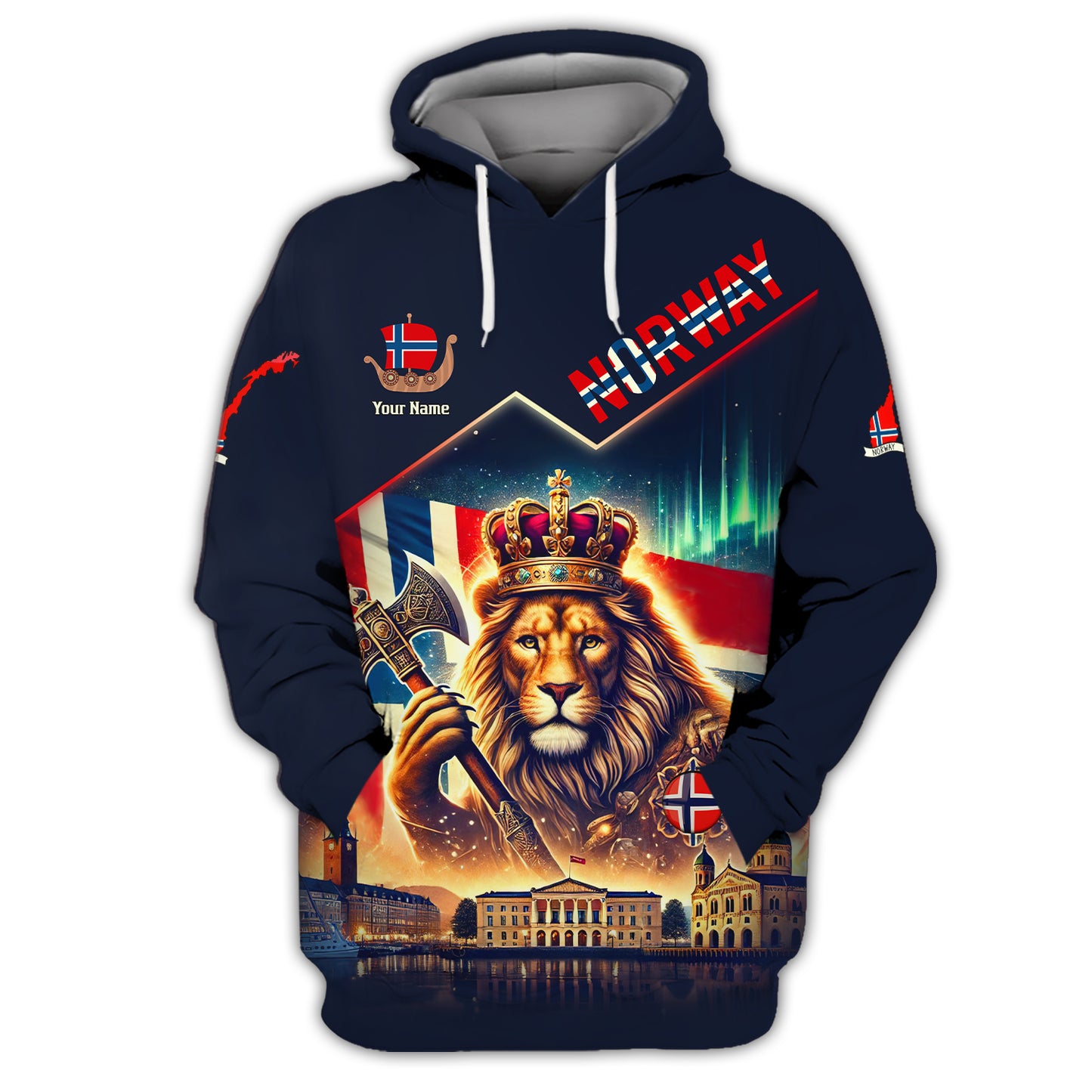 Camiseta personalizada con el nombre en 3D de El Rey León con la bandera de Noruega, regalo personalizado para los amantes noruegos