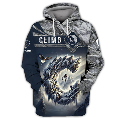 Camiseta personalizada con nombre en 3D "Climb The Ice Mountain" Regalo personalizado para amantes de la escalada