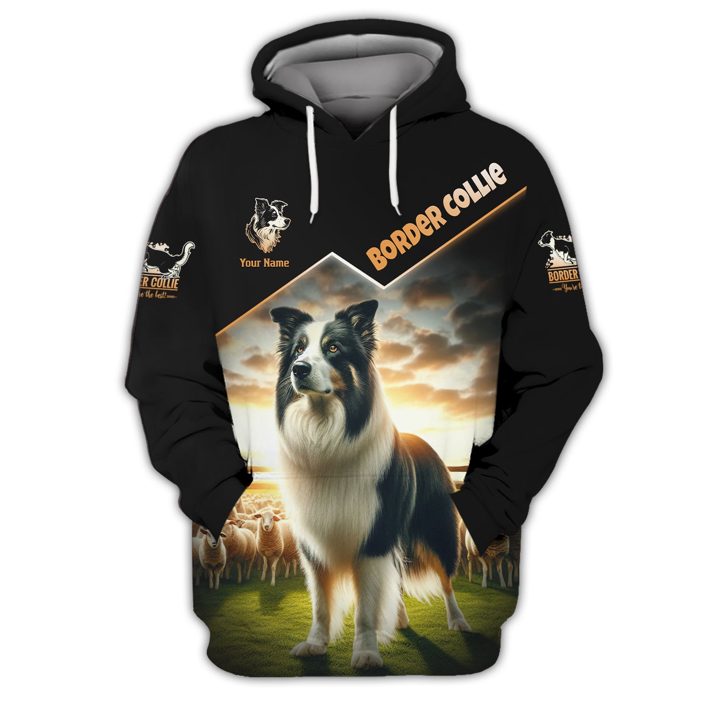 T-shirts 3D Full Print Border Collie On Sheep Farm Cadeau personnalisé avec nom pour les amoureux des chiens