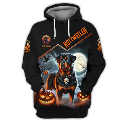 Happy Halloween Custom Name 3D T-Shirts Rottweiler With Pumpkin Halloween Shirt