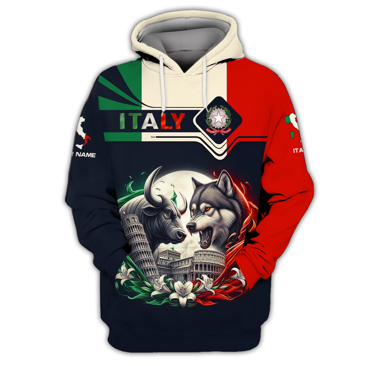 Camiseta de Italia con estampado completo en 3D y nombre personalizado como regalo para amantes de Italia