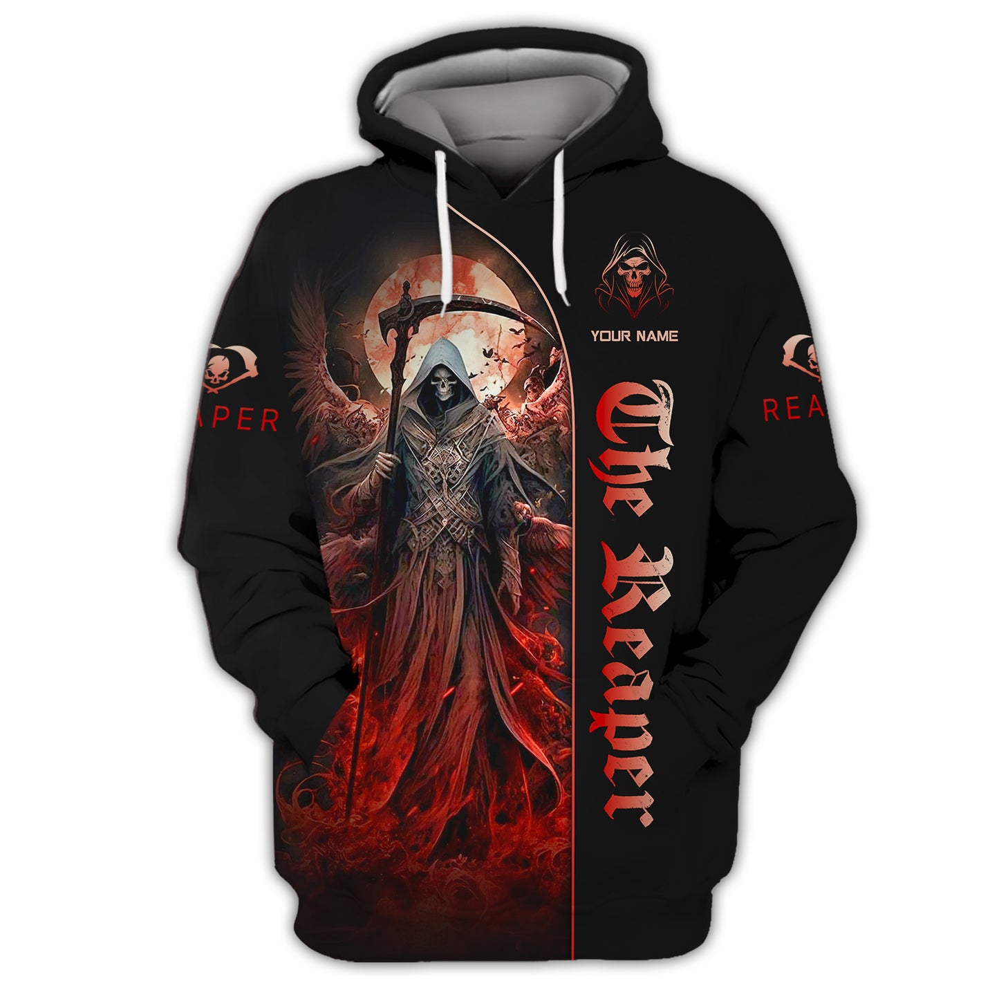 T-shirts à impression 3D complète The Reaper avec lune rouge Cadeau personnalisé pour les amoureux des crânes