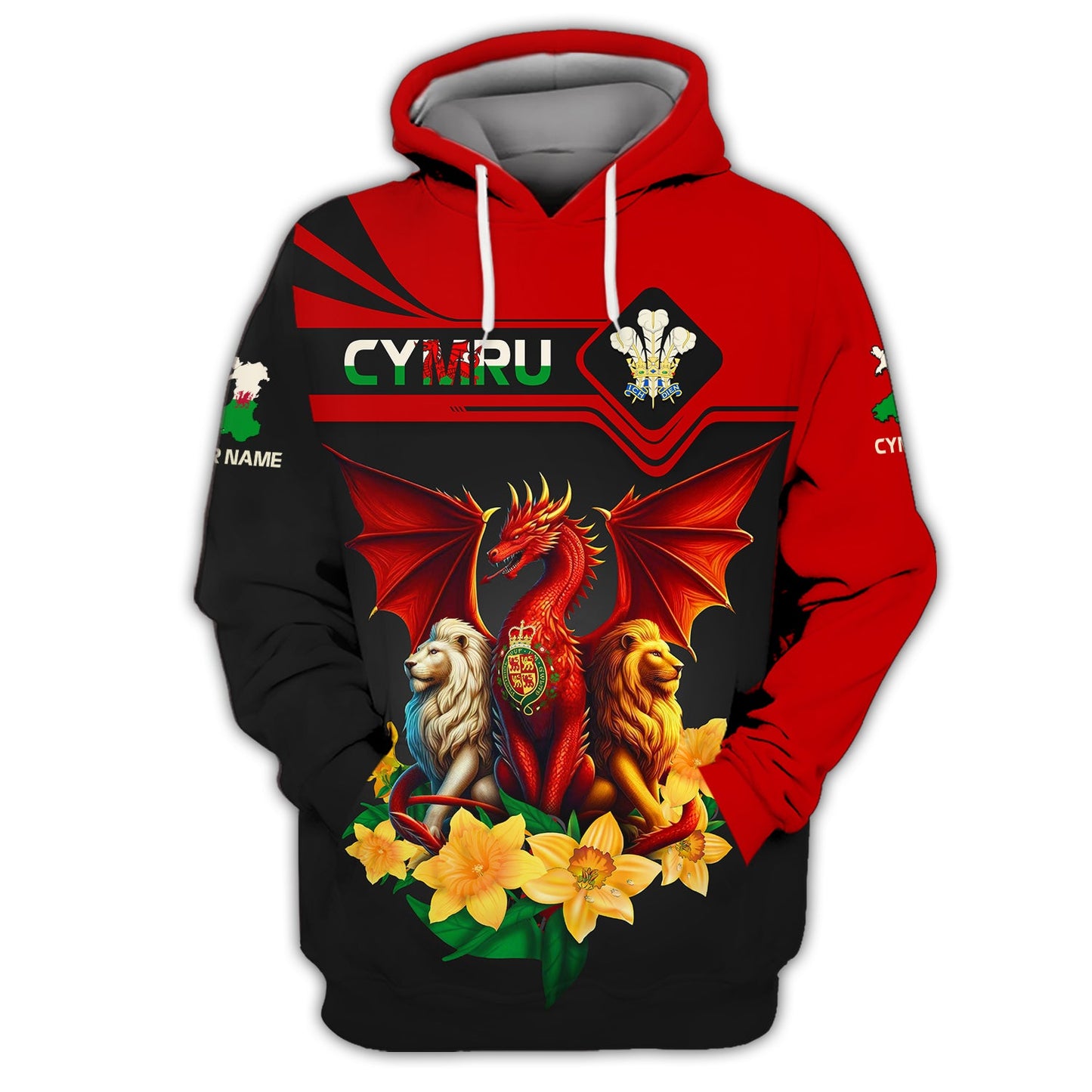 Sweat à capuche personnalisé avec fermeture éclair Dragon et Lions du Pays de Galles, impression 3D complète, cadeau pour les amoureux du Pays de Galles