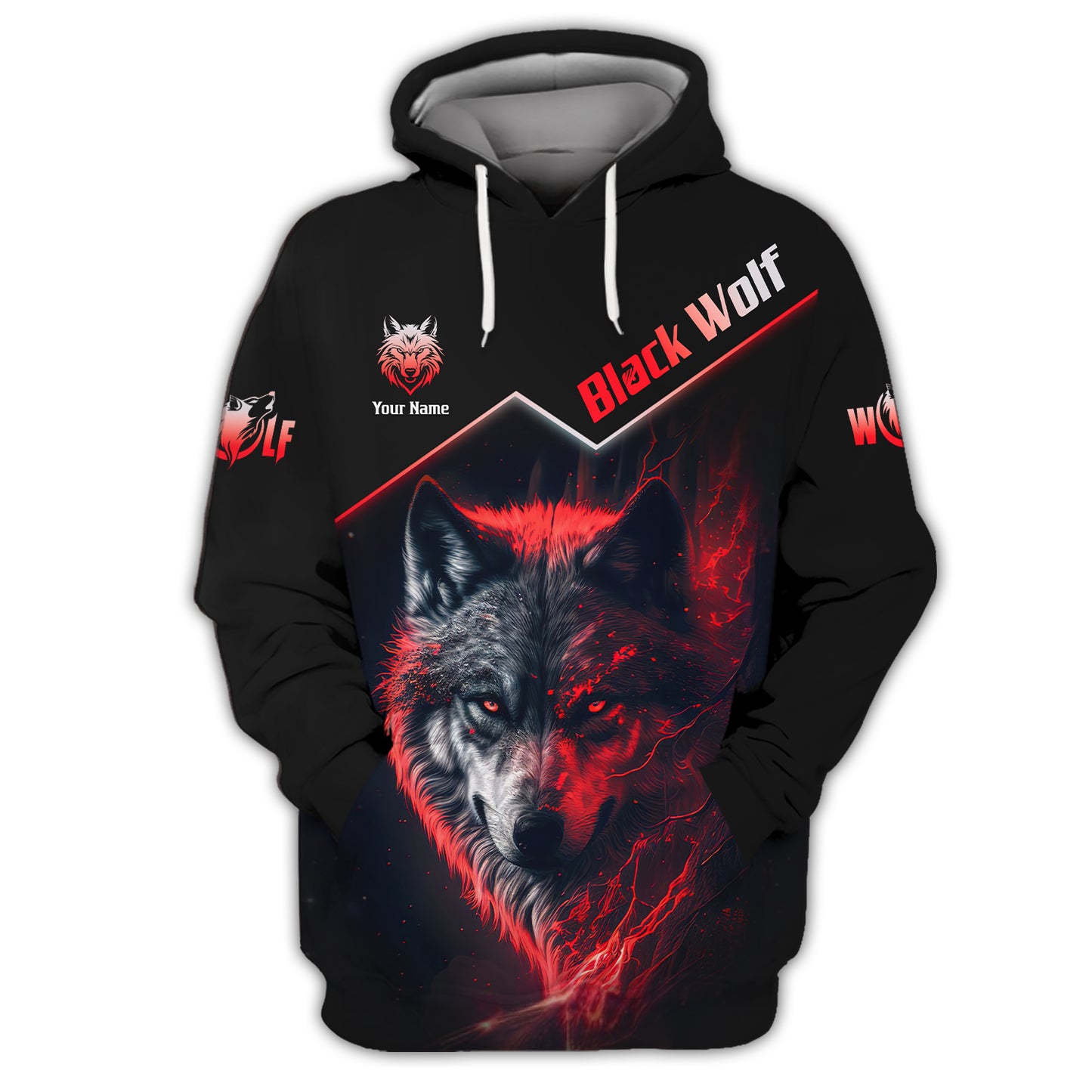 T-shirt 3D personnalisé avec nom de loup noir aux yeux rouges, cadeau pour les amoureux des loups