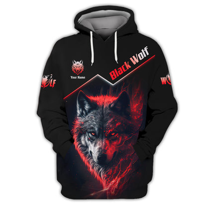 Camiseta personalizada con nombre en 3D de lobo negro con ojos rojos, regalo para amantes de los lobos