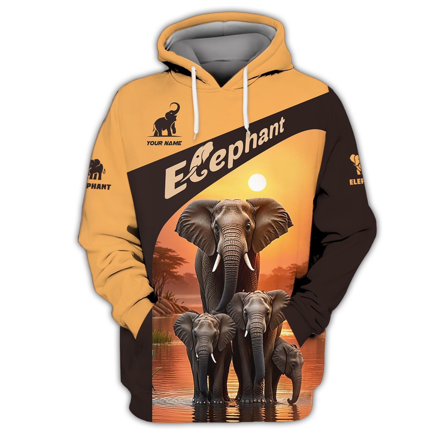 3D Full Print Sunset Elephant Zipper Hoodie Personalized Name Gift For Elephant Lovers