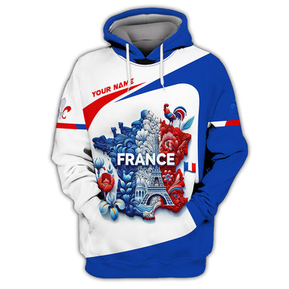 T-shirt personnalisé avec nom national de la France en 3D, cadeau personnalisé avec nom pour les amoureux de la France