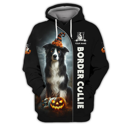 Camiseta personalizada con nombre en 3D de Border Collie. Regalo de feliz Halloween para amantes de los perros