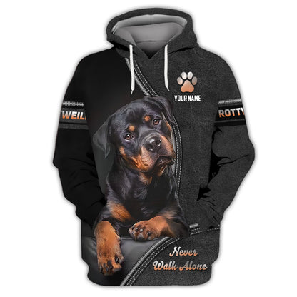 Rottweiler Custom Name Zipper Hoodie Never Walk Alone Gift For Dog Lover 3D Shirts