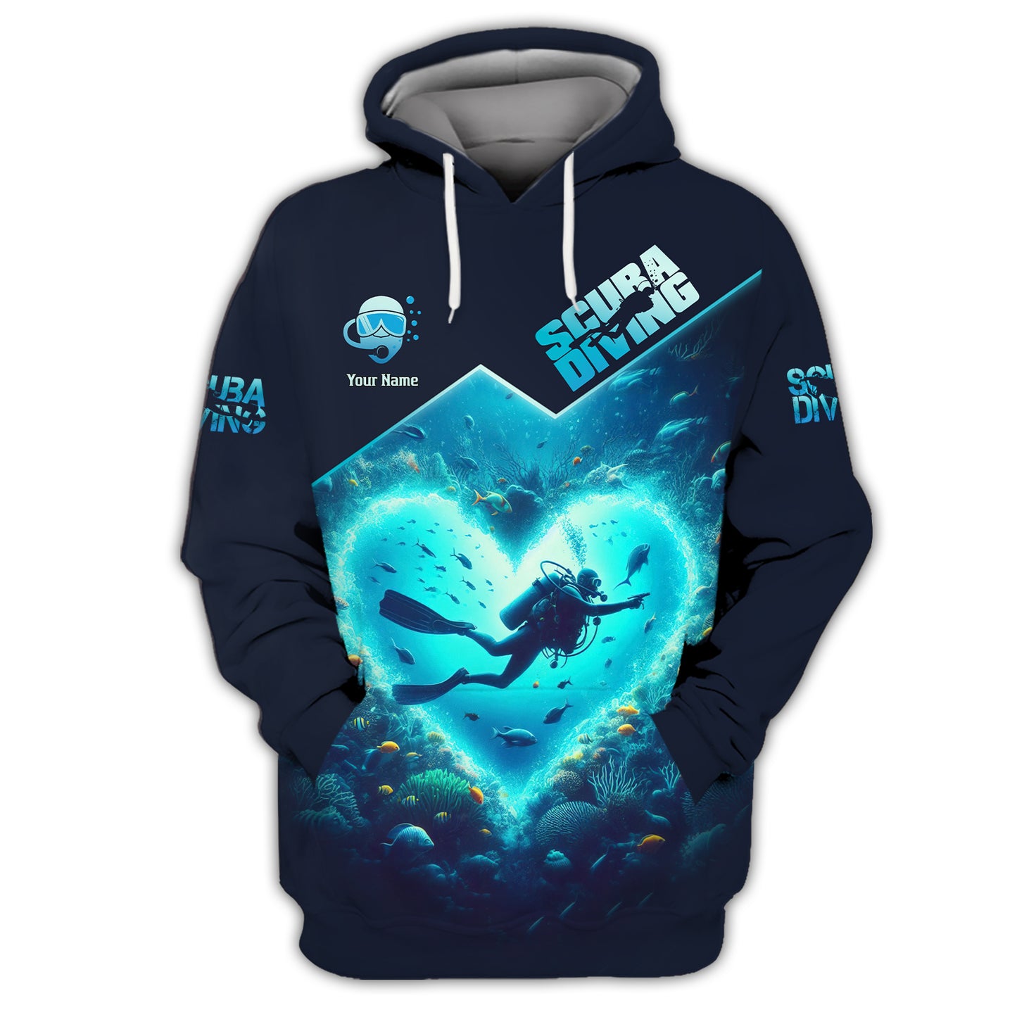 Camiseta personalizada con nombre en 3D y corazón de buceo, regalo personalizado para amantes del buceo