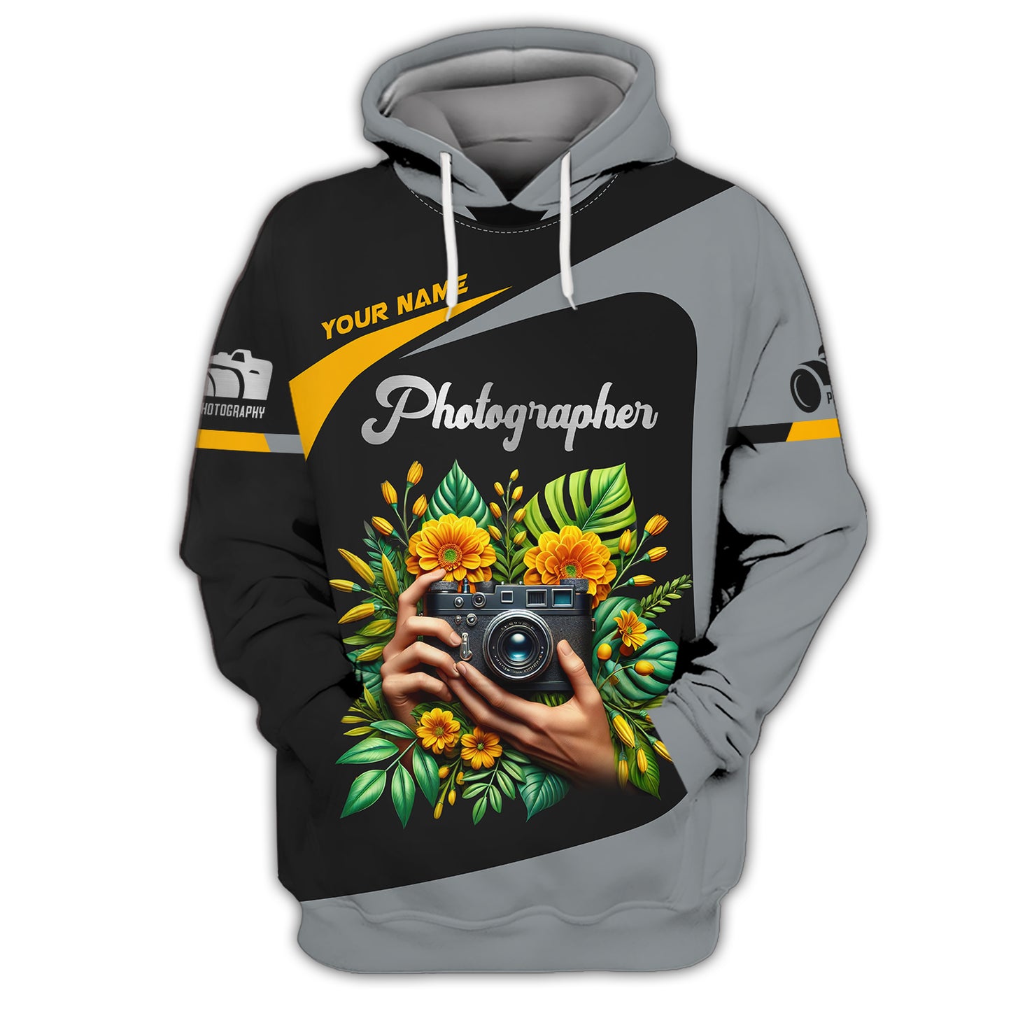 Camisetas con nombre personalizado para fotógrafos, cámara con flores amarillas, regalo de camiseta 3D para amantes de la fotografía