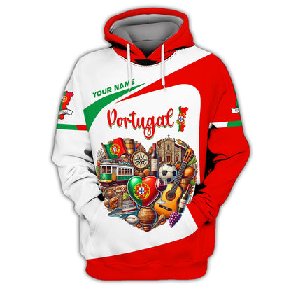 Sweat à capuche avec fermeture éclair 3D avec nom personnalisé en forme de cœur du Portugal, cadeau personnalisé pour les amoureux du Portugal