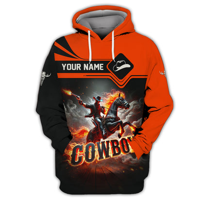 3D Full Print Cowboy T-Shirt Epic Flaming Rider Personalized Name Gift For Cowboy Lovers