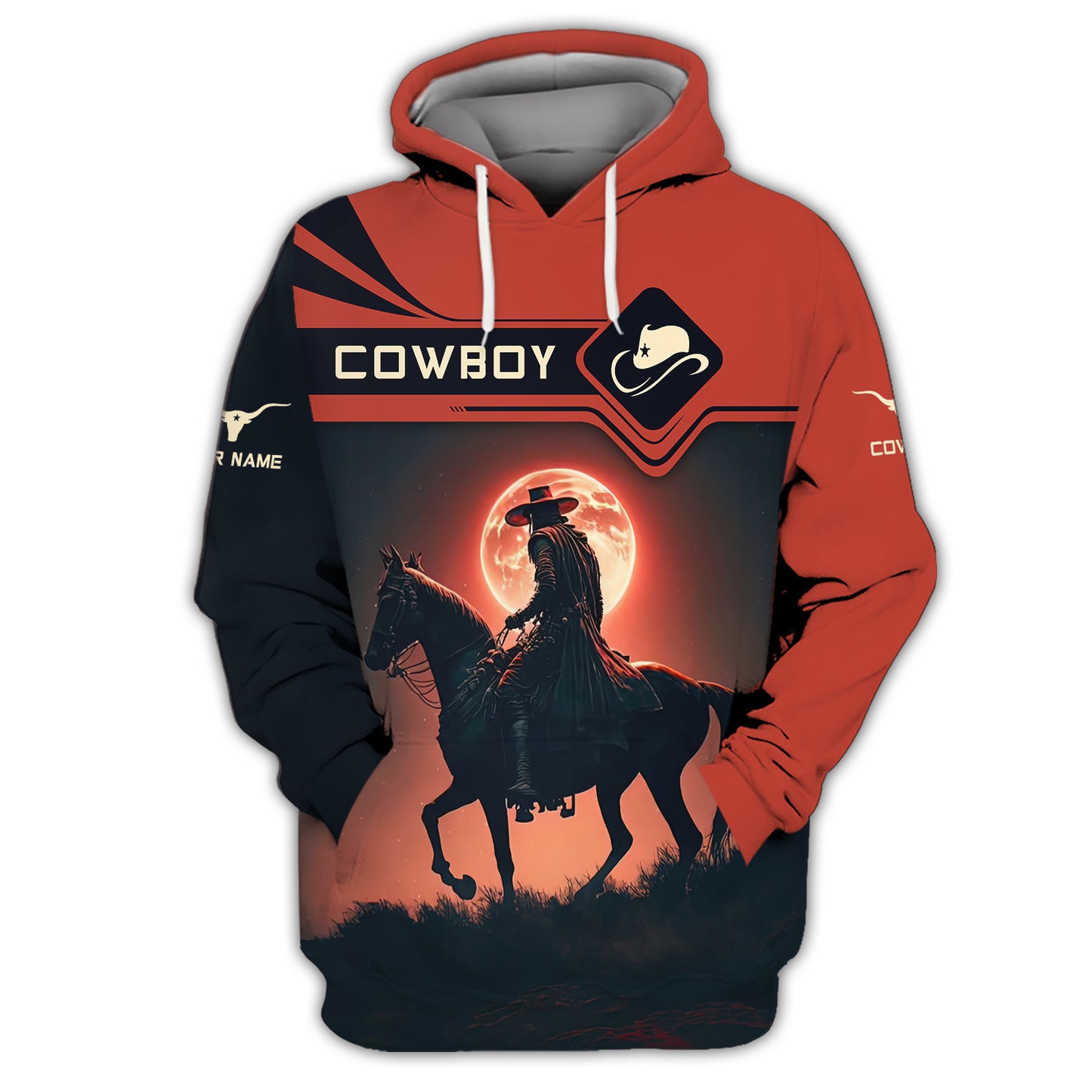 3D Full Print Cowboy With Red Moon Zipper Hoodie Personalized Name Gift For Cowboy Lovers