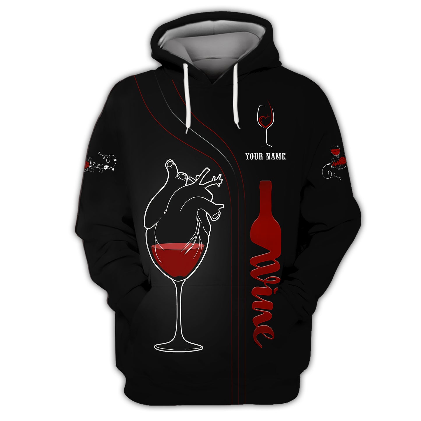 Sudadera con capucha y cremallera con estampado 3D de vino tinto, regalo personalizado con nombre para amantes del vino