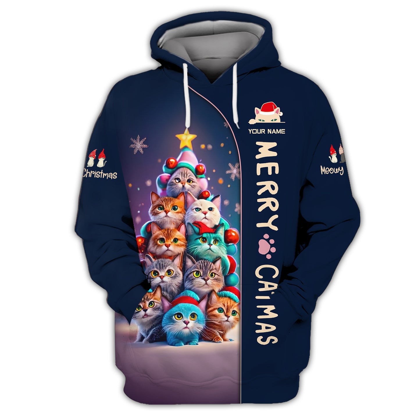 Merry Catmas Custom Name 3D Zipper Hoodie Christmas Cat Tree Shirt Gift For Christmas Day