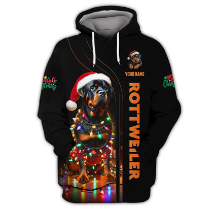 Mery Christmas Custom Name 3D T-Shirts Rottweiler With Christmas Lights Shirt