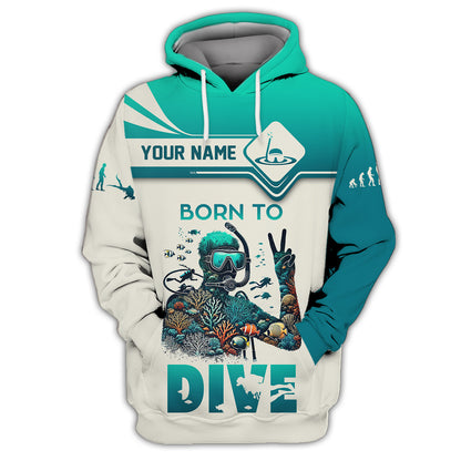 Camiseta personalizada con nombre de buceo en 3D Born To Dive, regalo personalizado para amantes del buceo