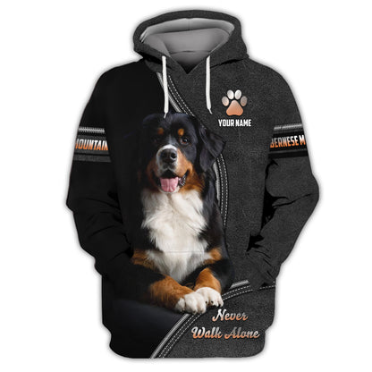 Bernese Mountain Custom Name Zipper Hoodie Never Walk Alone Gift For Dog Lover 3D Shirts