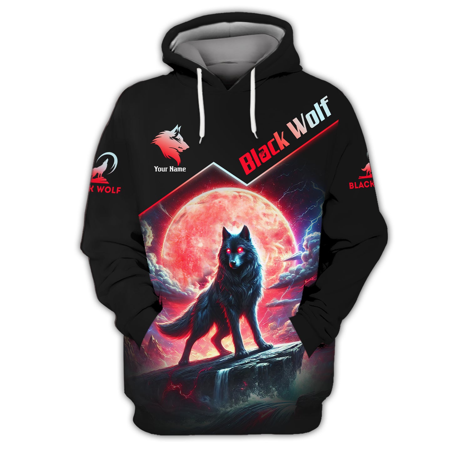 Camiseta con estampado 3D completo de lobo negro y luna roja, regalo personalizado con nombre para amantes de los lobos