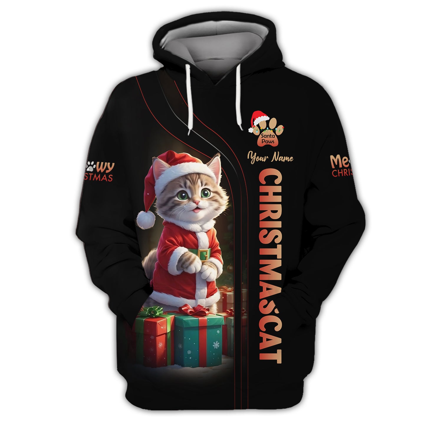 Christmas Cat Custom Name T-Shirts Cat Santa With Gifts Box 3D Shirt Gift For Cat Lovers