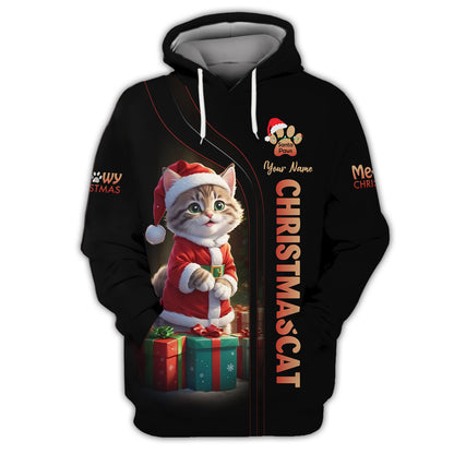 Christmas Cat Custom Name T-Shirts Cat Santa With Gifts Box 3D Shirt Gift For Cat Lovers