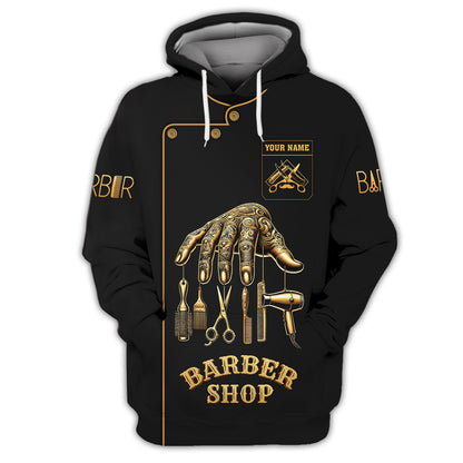 Barber Custom Name 3D T-Shirts Golden Hand In Barbering Shirt Gift For Barber Lovers