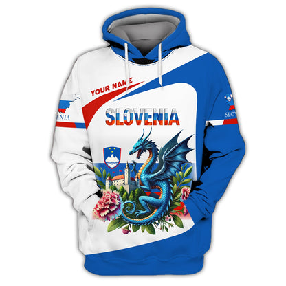 Sudadera con capucha y cremallera con estampado 3D de dragón con claveles de Eslovenia, regalo personalizado con nombre para amantes de Eslovenia