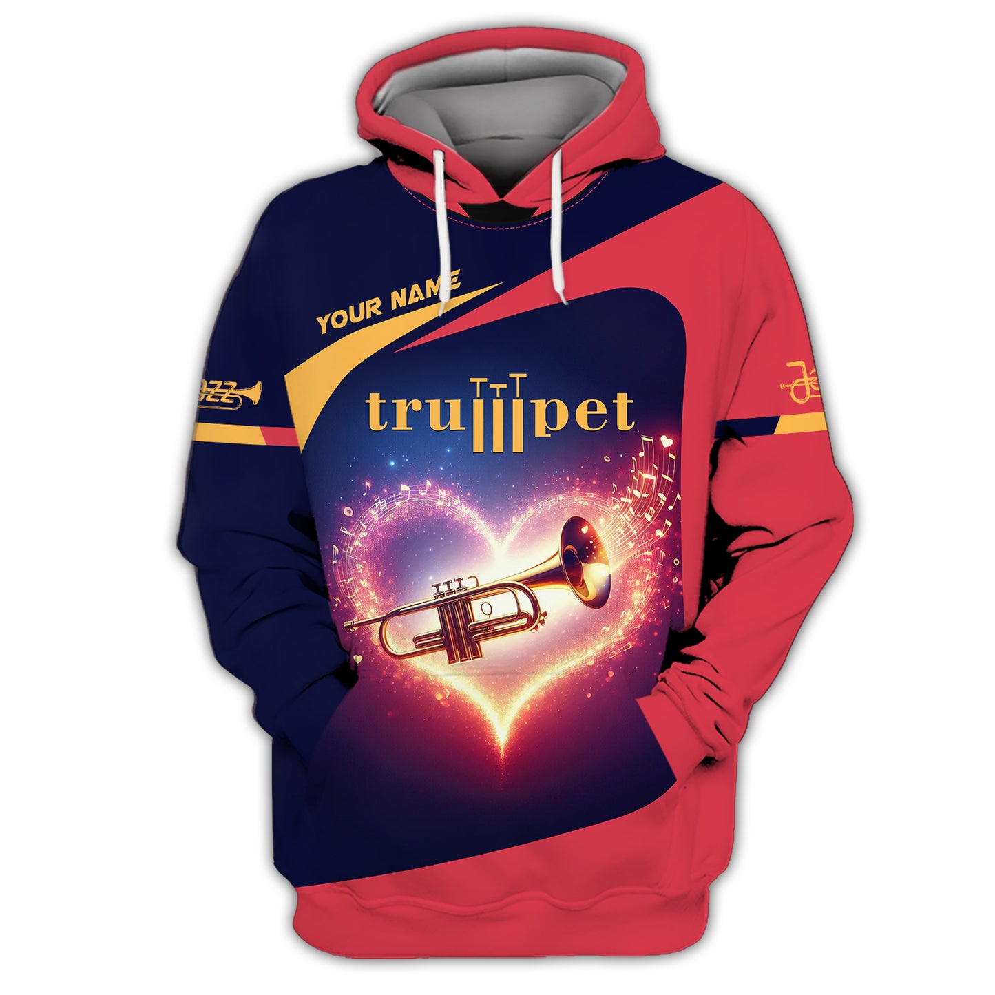 Sudadera con capucha y cremallera con estampado 3D completo de trompeta y corazón, regalo personalizado con nombre para amantes de la trompeta