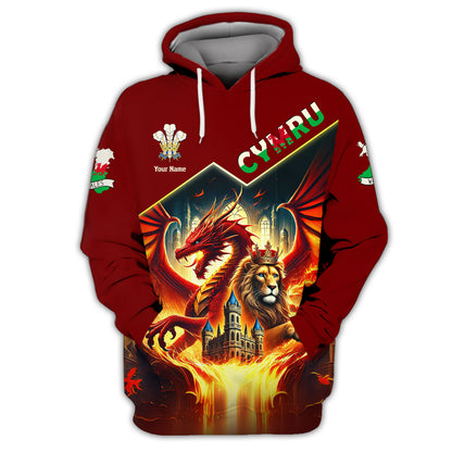 T-shirt imprimé en 3D avec dragon et roi lion du pays de Galles, nom personnalisé Gif pour les amoureux du pays de Galles