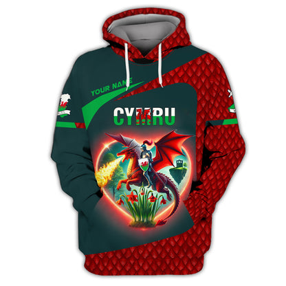 Cymru Pride Custom 3D Shirt  Fiery Welsh Dragon and Knight Personalized Name Gif For Welsh Lovers