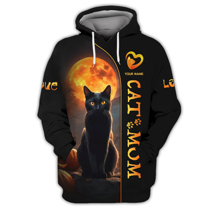 Chat noir avec lune Nom personnalisé Chat Maman T-shirt 3D Cadeau pour les amoureux des chats