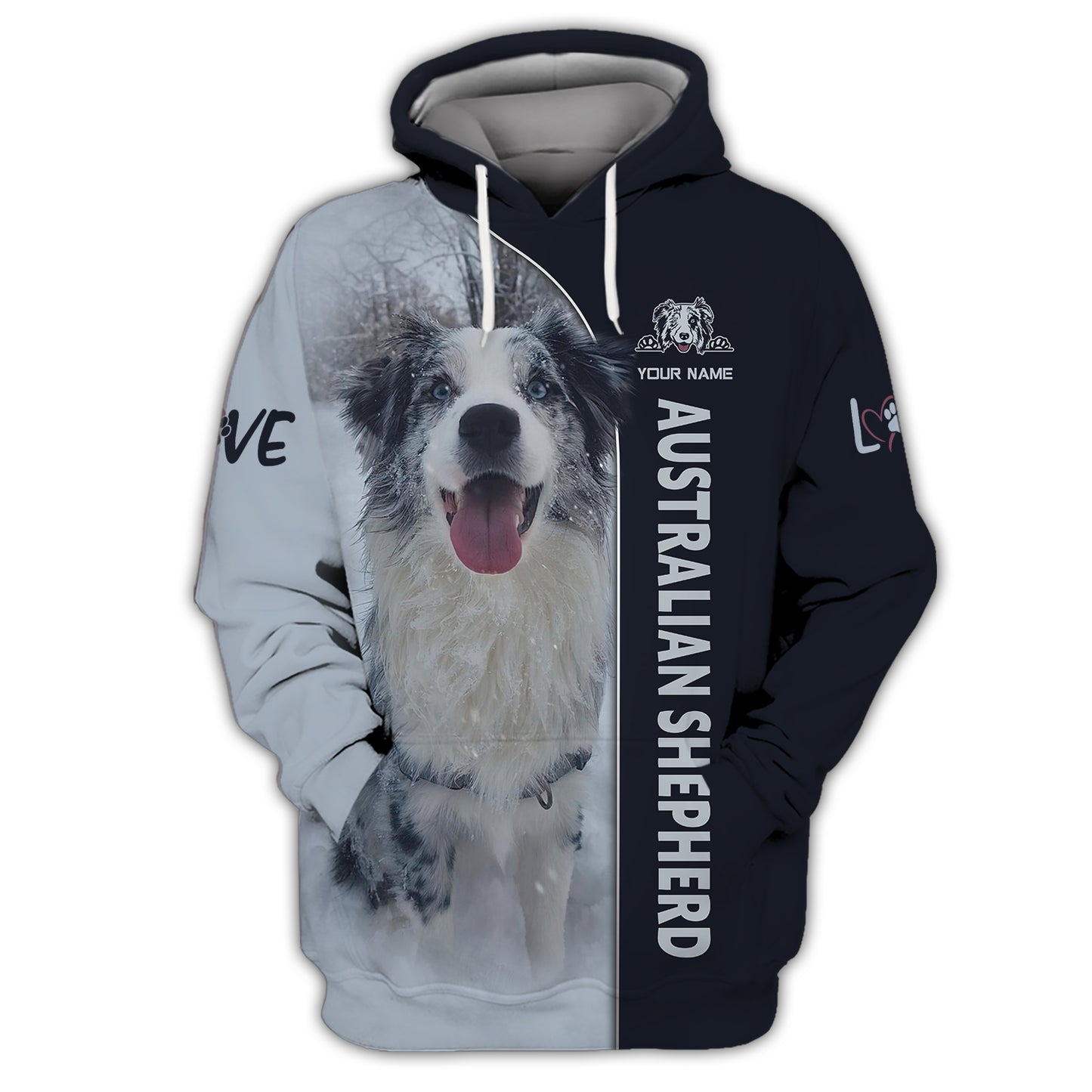 Sudadera con capucha y cremallera 3D con nombre personalizado de pastor australiano, regalo para amantes de los perros