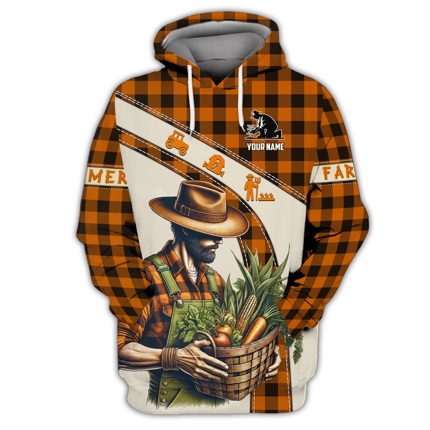 Sudadera con capucha y cremallera con estampado 3D completo de "El granjero con cesta de verduras", regalo personalizado con nombre para amantes de los agricultores