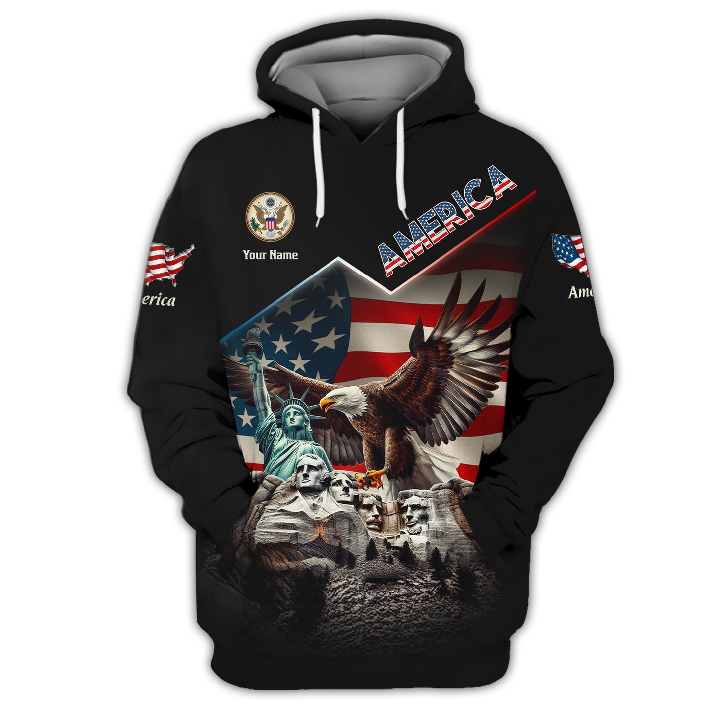 3D Full Print Customizable American Pride T-shirt with Bald Eagle, Mount Rushmore, and Flag Personalized Name Gift For American Lovers