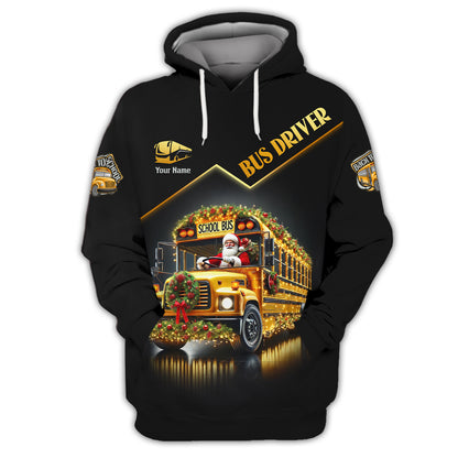 Custom Name T-Shirt Santa Claus Driving A Christmas Themed School Bus Gift For Bus Drive Lover