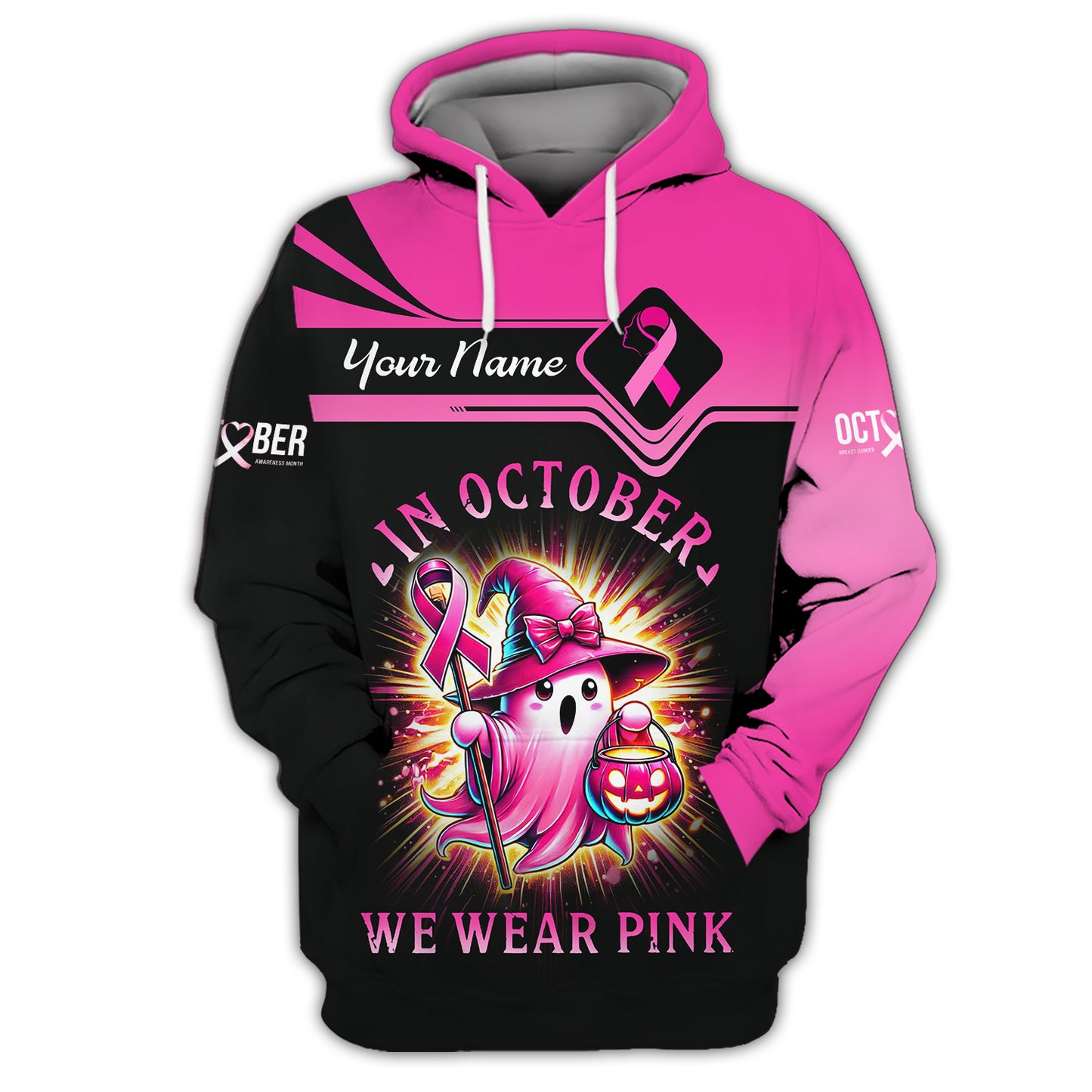 Sudadera con capucha con cremallera y estampado 3D completo "En octubre usamos rosa", regalo personalizado con nombre para supervivientes de cáncer