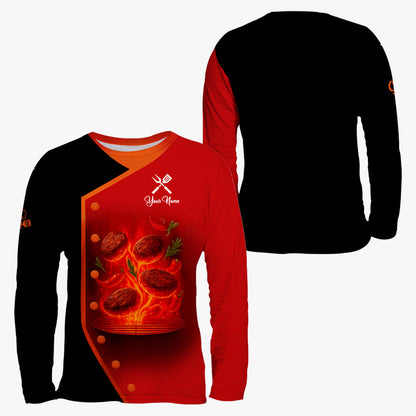 Personalized BBQ Chef T Shirt - Flaming Grill Patties Red Black Design