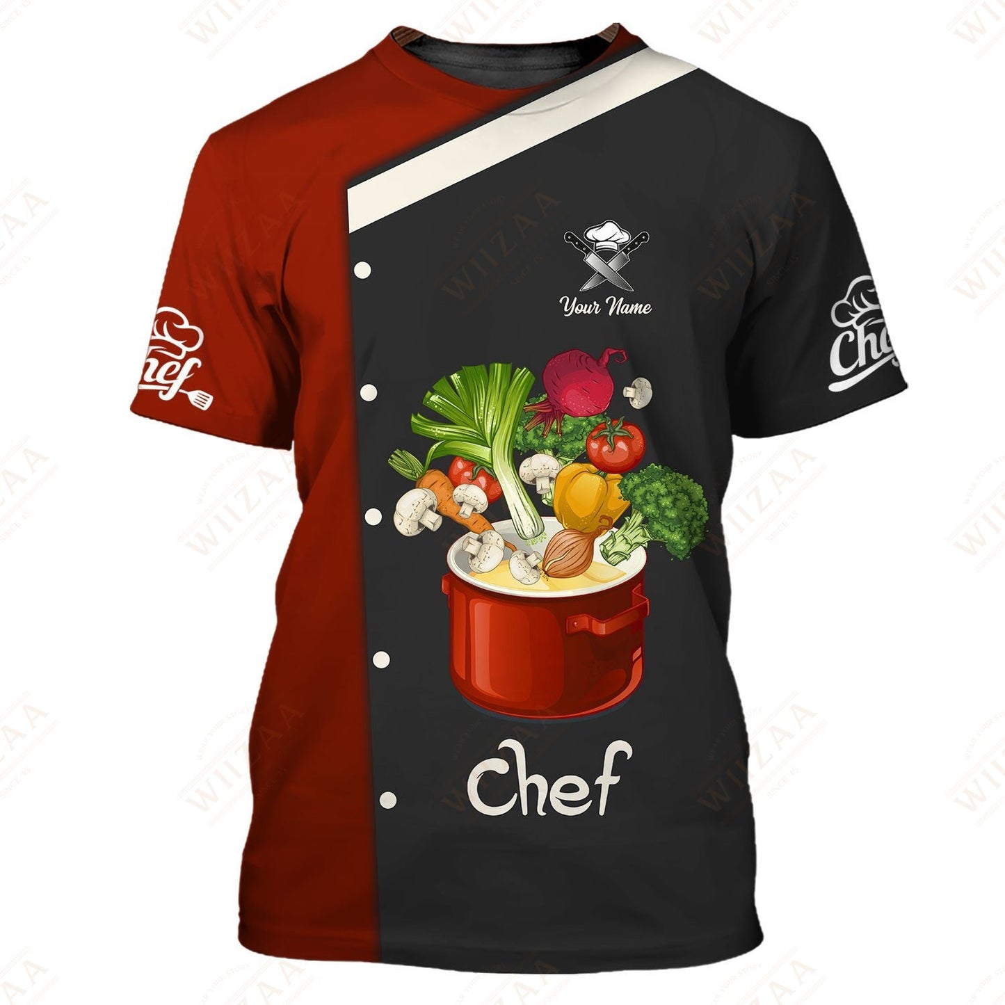 Camiseta de chef personalizada: elegante camiseta culinaria con estampado de verduras vibrantes para amantes de la comida