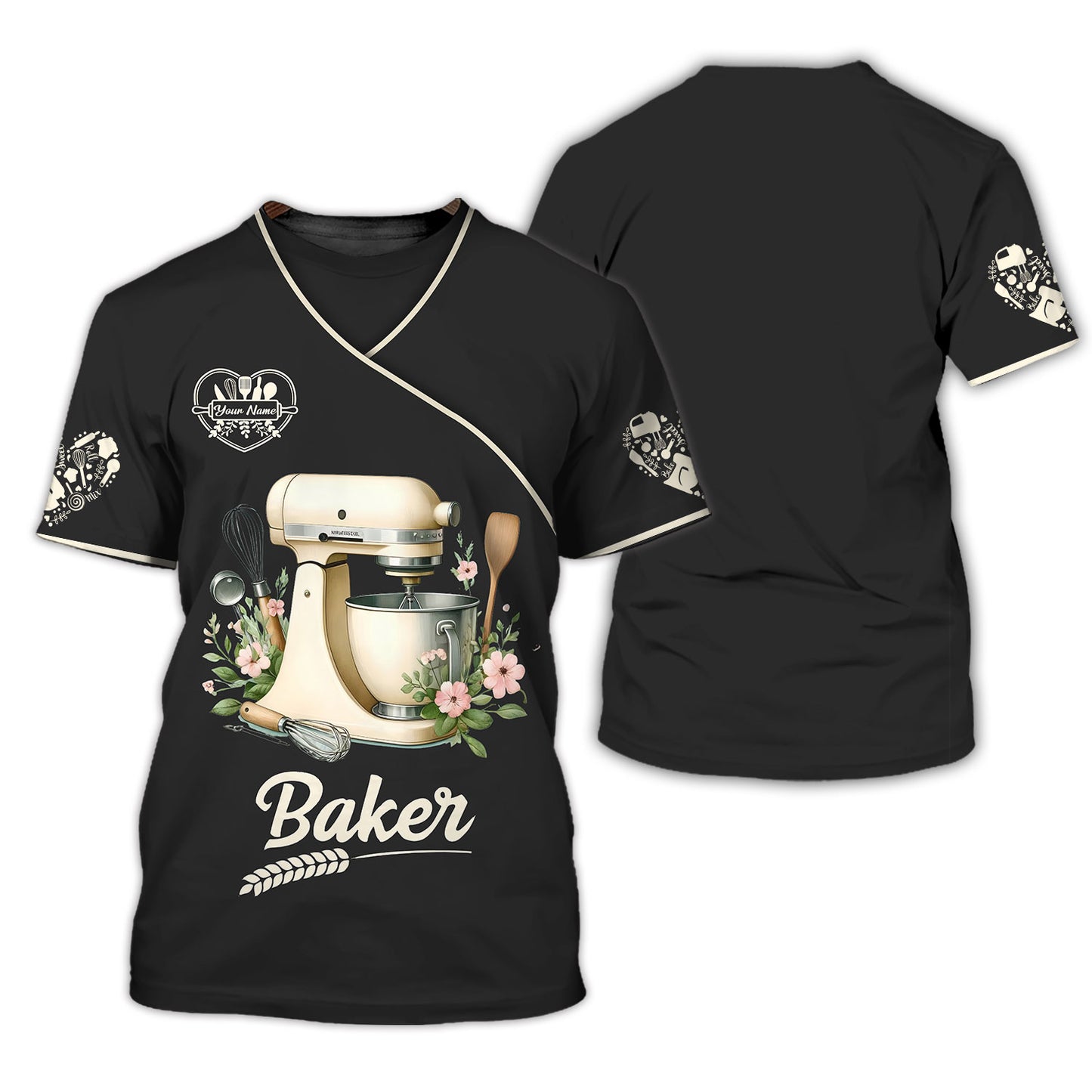 T-shirt de boulanger personnalisé - Mélangeur élégant et design floral pour les amateurs de pâtisserie