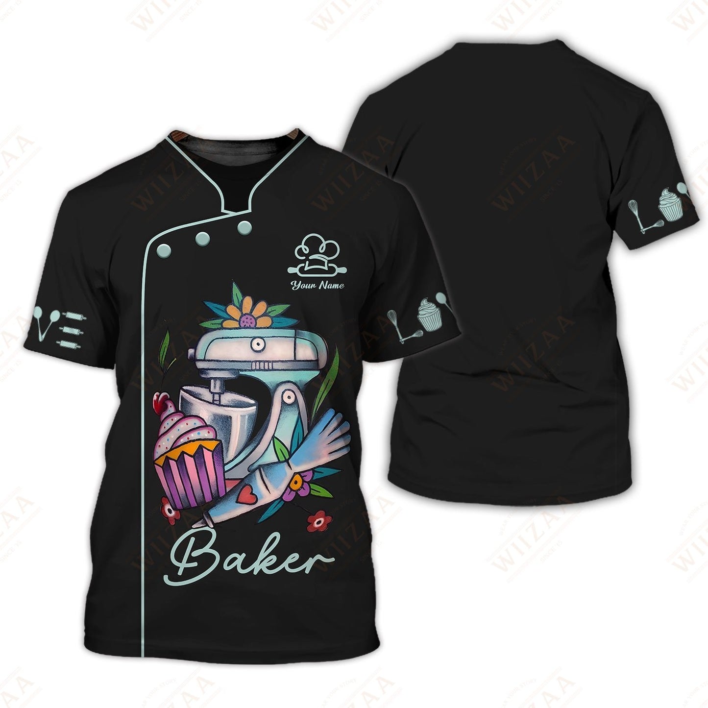 Personalized Baker Shirt – Whimsical Kitchen Mixer and Cupcake Illustration