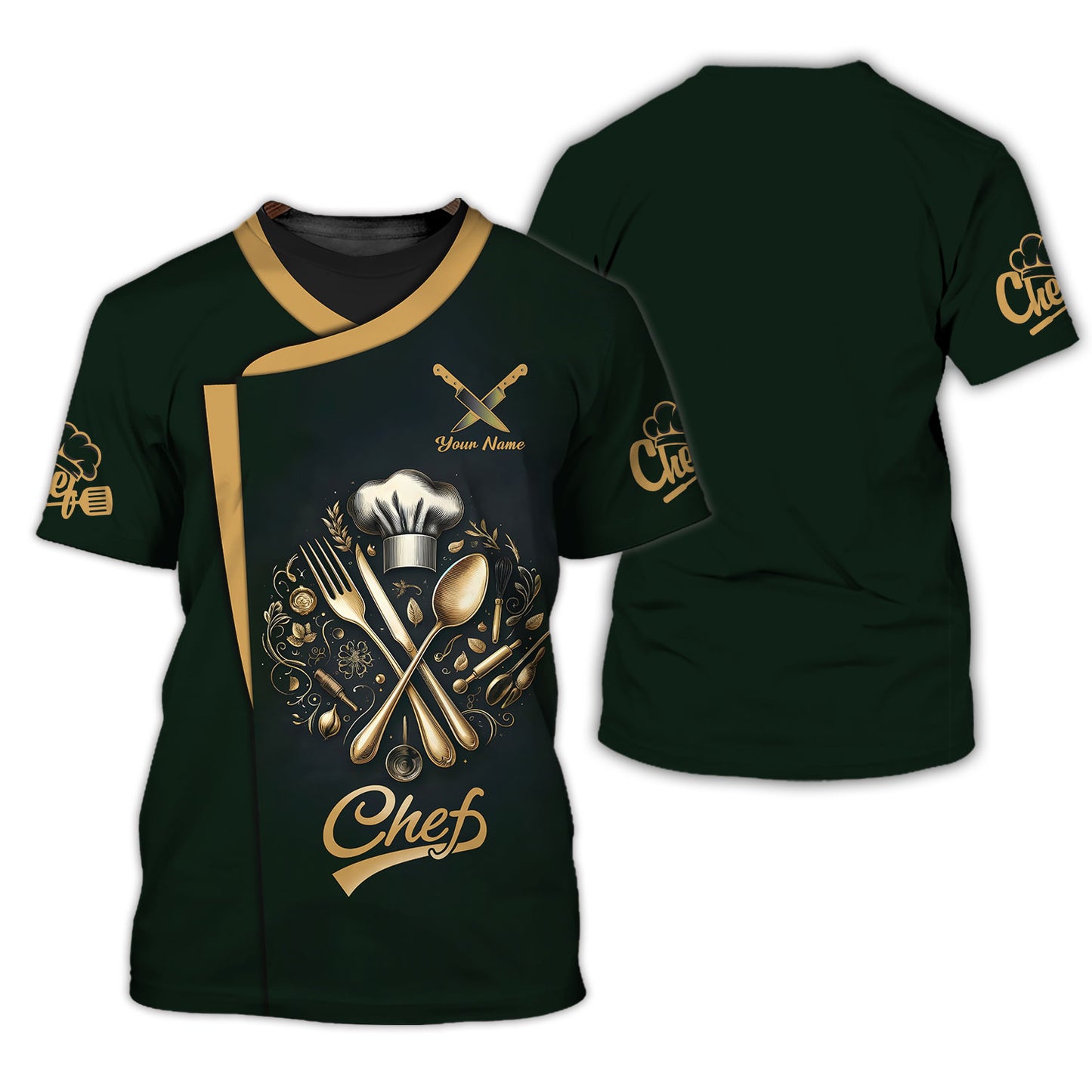 Personalized Chef Shirt – Elegant Golden Culinary Tools Crest on Dark Green