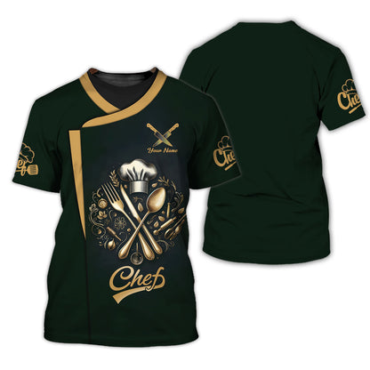 Camisa de chef personalizada: elegante escudo dorado con herramientas culinarias sobre fondo verde oscuro