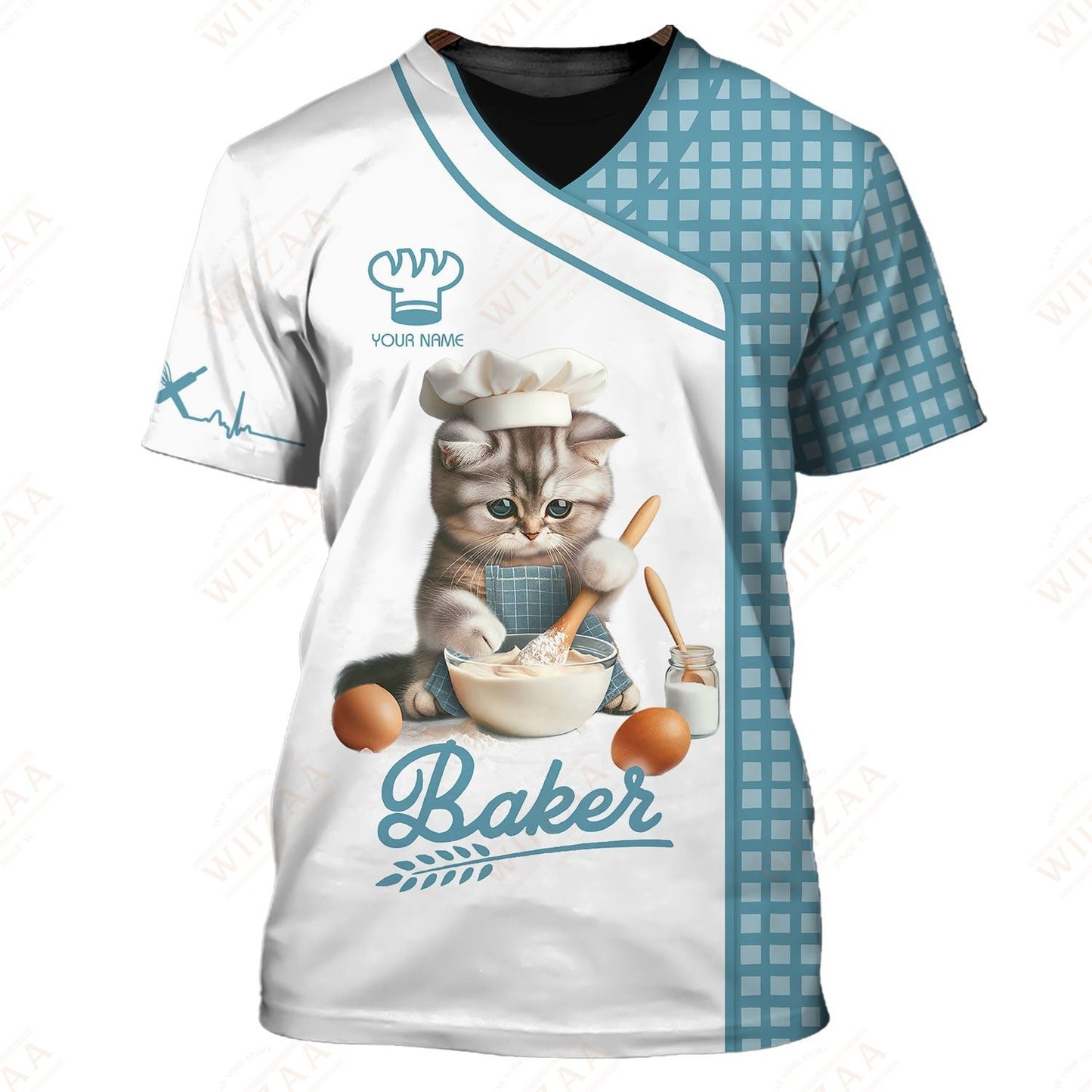 Personalized Baker Shirt - Whimsical Cat Baker Design | Unique Kitchen Apparel for Culinary Cat Lovers