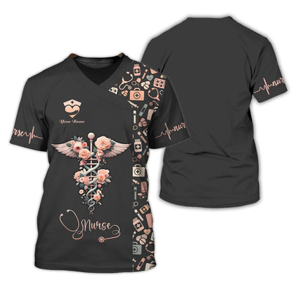 Camiseta de enfermera personalizada: diseño de caduceo floral con alas angelicales