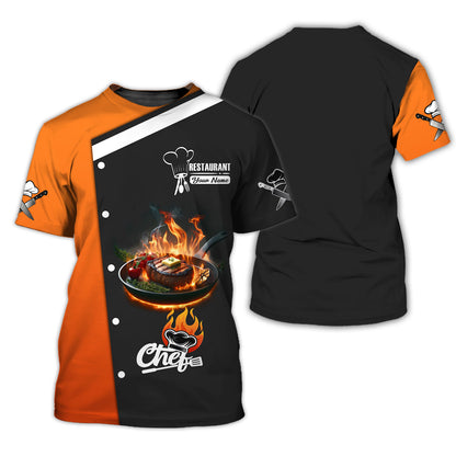 Camisa de chef personalizada: estampado de filete ardiente en negro y naranja