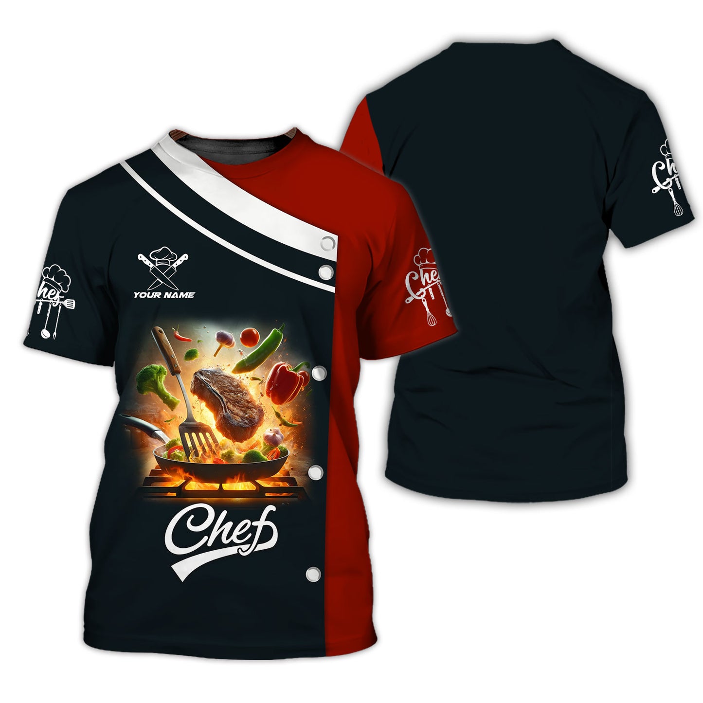 Camisa de chef personalizada: motivo de parrilla en llamas y fiesta