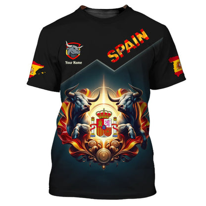 Personalized Spain Pride Shirt - Dual Bulls and Coat of Arms Design for Spain Enthusiasts